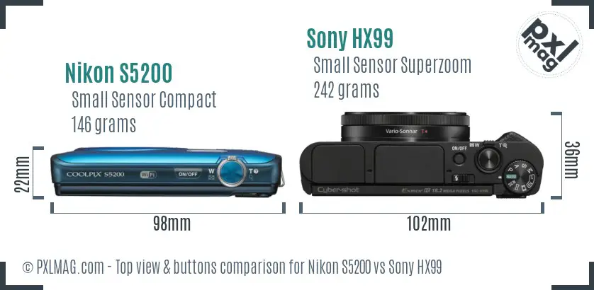 Nikon S5200 vs Sony HX99 top view buttons comparison Nikon S5200 vs Sony HX99 top view buttons comparison