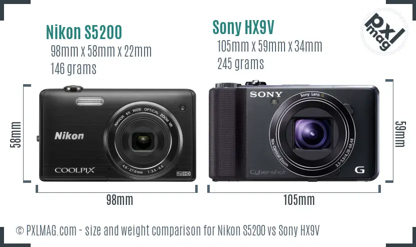 Nikon S5200 vs Sony HX9V size comparison