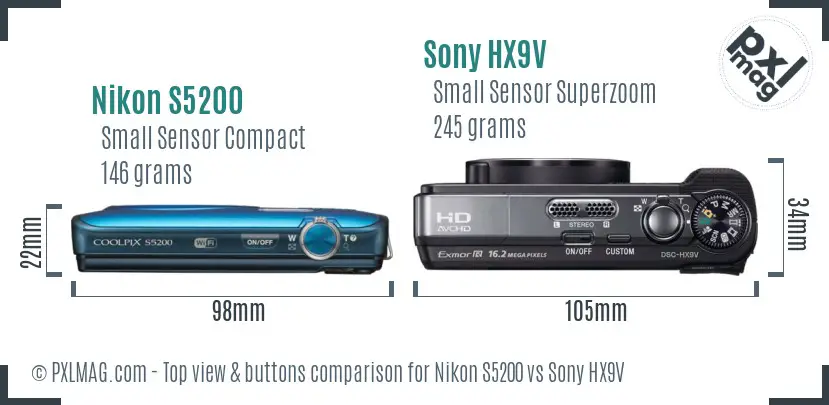 Nikon S5200 vs Sony HX9V top view buttons comparison