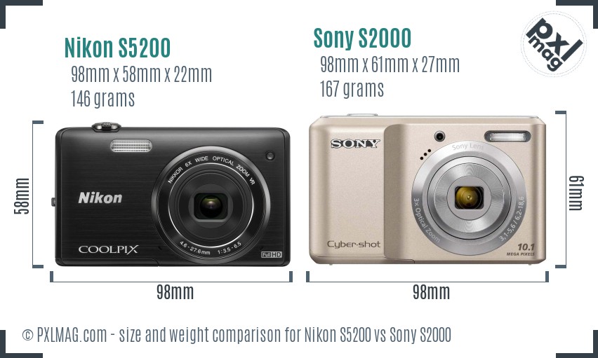 Nikon S5200 vs Sony S2000 size comparison