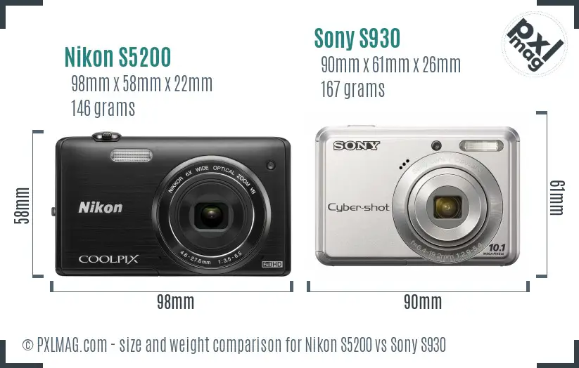 Nikon S5200 vs Sony S930 size comparison