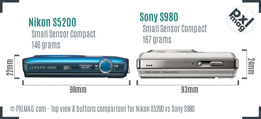 Nikon S5200 vs Sony S980 top view buttons comparison