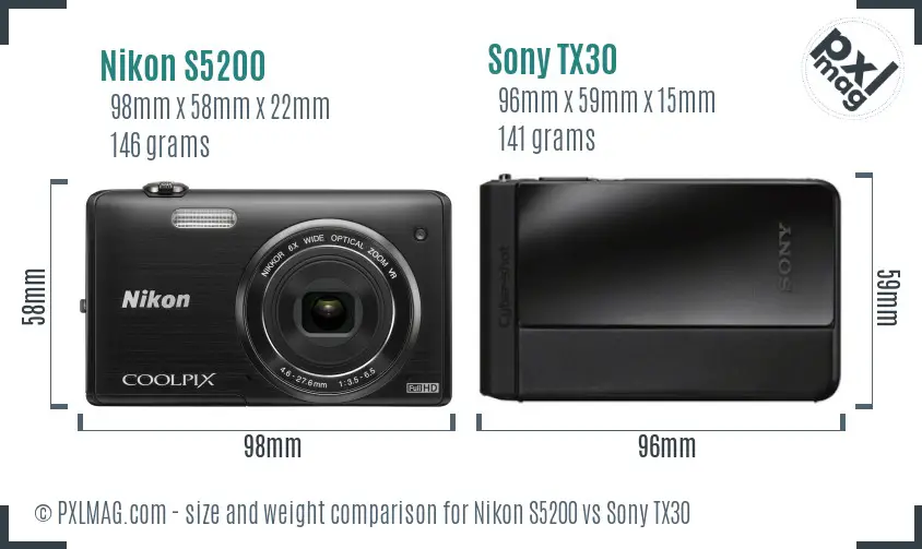 Nikon S5200 vs Sony TX30 size comparison