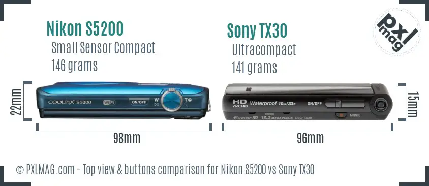 Nikon S5200 vs Sony TX30 top view buttons comparison