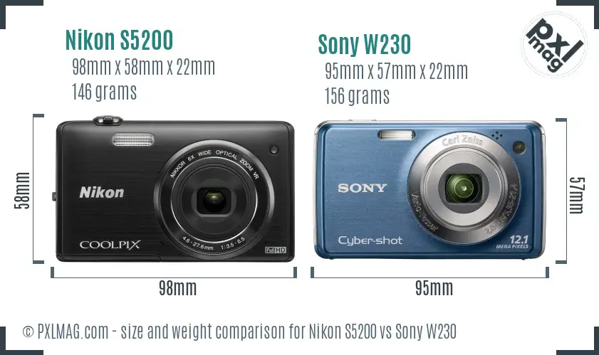 Nikon S5200 vs Sony W230 size comparison