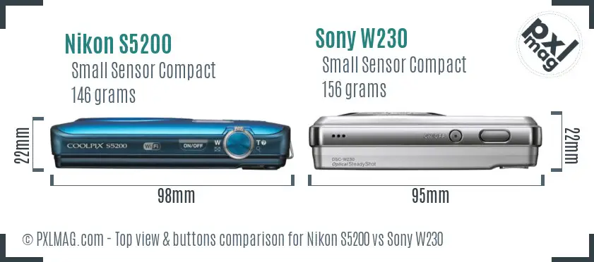 Nikon S5200 vs Sony W230 top view buttons comparison