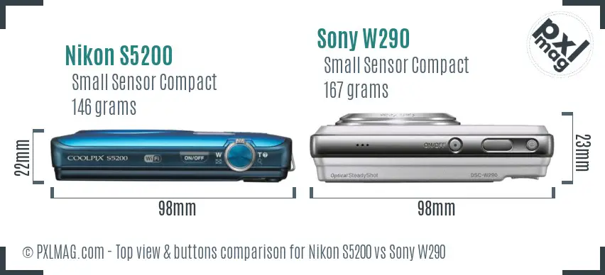 Nikon S5200 vs Sony W290 top view buttons comparison Nikon S5200 vs Sony W290 top view buttons comparison