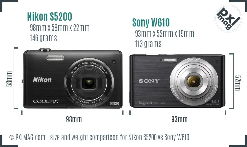 Nikon S5200 vs Sony W610 size comparison