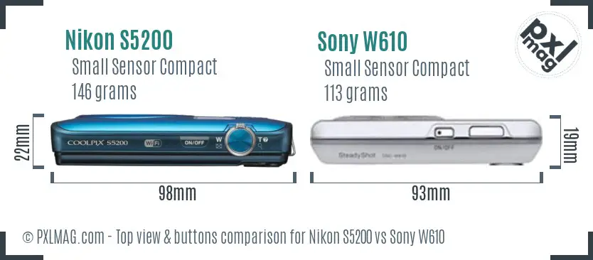 Nikon S5200 vs Sony W610 top view buttons comparison