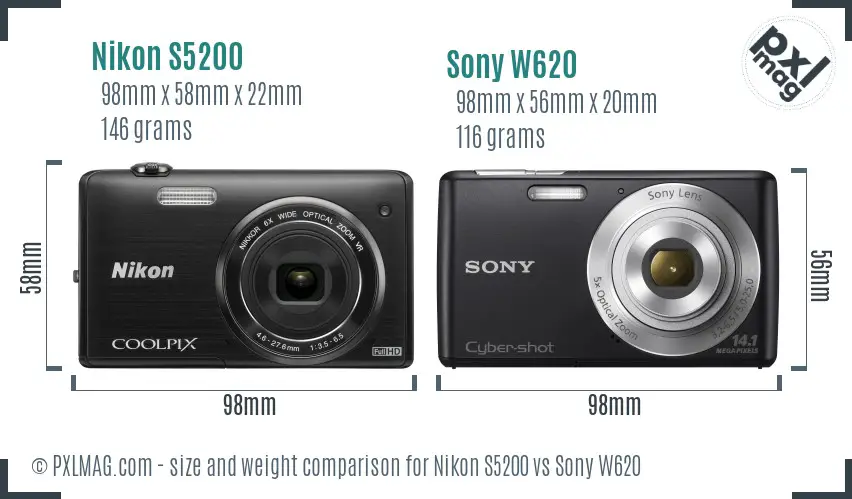 Nikon S5200 vs Sony W620 size comparison