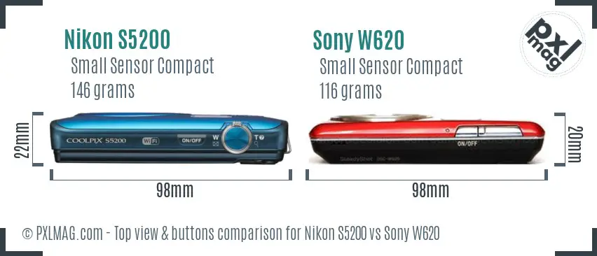 Nikon S5200 vs Sony W620 top view buttons comparison