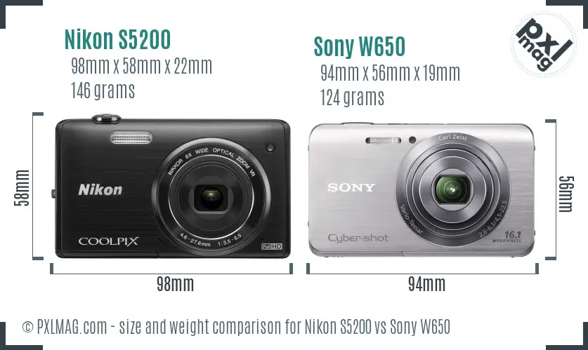 Nikon S5200 vs Sony W650 size comparison