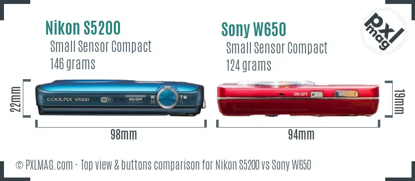 Nikon S5200 vs Sony W650 top view buttons comparison