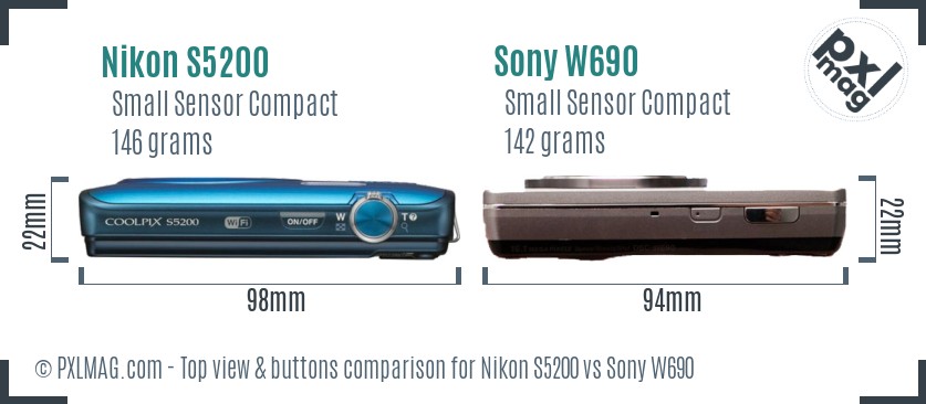 Nikon S5200 vs Sony W690 top view buttons comparison