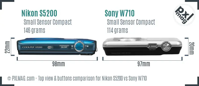 Nikon S5200 vs Sony W710 top view buttons comparison Nikon S5200 vs Sony W710 top view buttons comparison