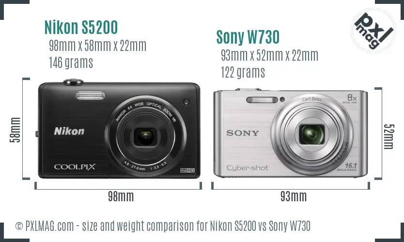 Nikon S5200 vs Sony W730 size comparison