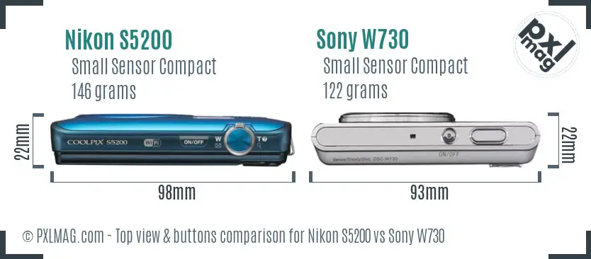 Nikon S5200 vs Sony W730 top view buttons comparison