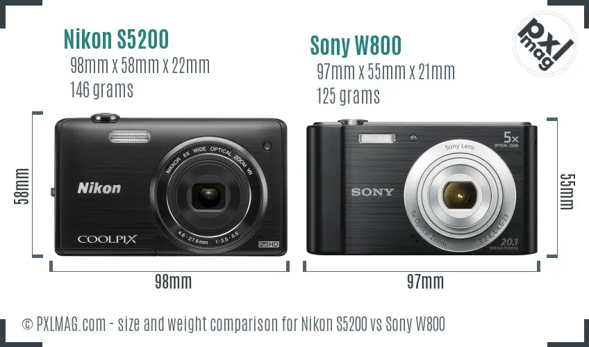 Nikon S5200 vs Sony W800 size comparison