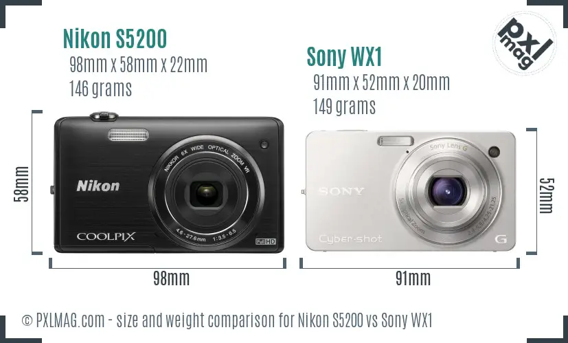 Nikon S5200 vs Sony WX1 size comparison