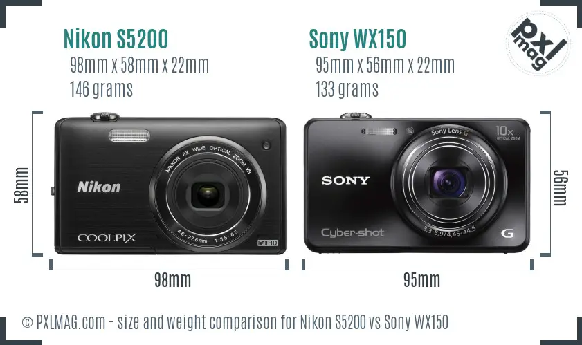 Nikon S5200 vs Sony WX150 size comparison
