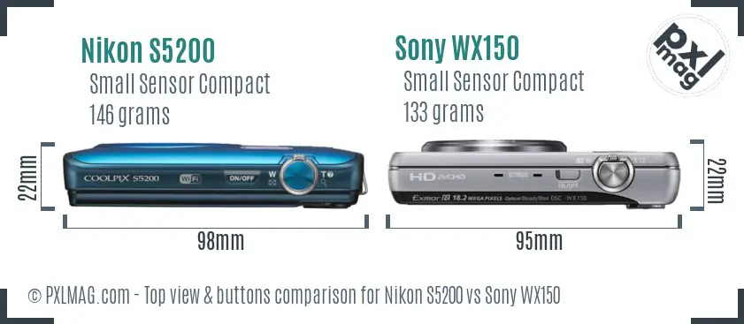 Nikon S5200 vs Sony WX150 top view buttons comparison