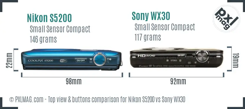 Nikon S5200 vs Sony WX30 top view buttons comparison Nikon S5200 vs Sony WX30 top view buttons comparison
