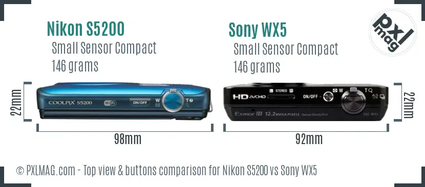 Nikon S5200 vs Sony WX5 top view buttons comparison Nikon S5200 vs Sony WX5 top view buttons comparison