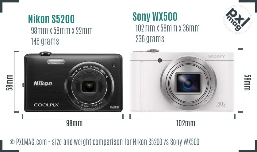 Nikon S5200 vs Sony WX500 size comparison