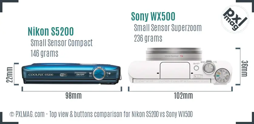 Nikon S5200 vs Sony WX500 top view buttons comparison