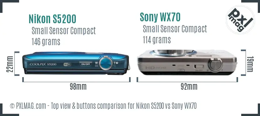 Nikon S5200 vs Sony WX70 top view buttons comparison