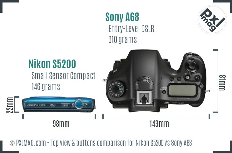 Nikon S5200 vs Sony A68 top view buttons comparison