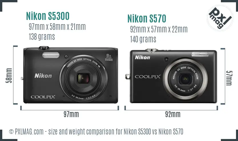Nikon S5300 vs Nikon S570 size comparison