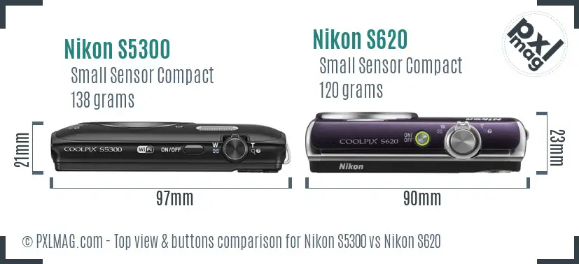 Nikon S5300 vs Nikon S620 top view buttons comparison