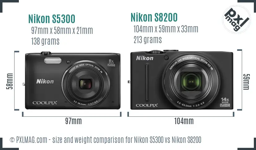 Nikon S5300 vs Nikon S8200 size comparison