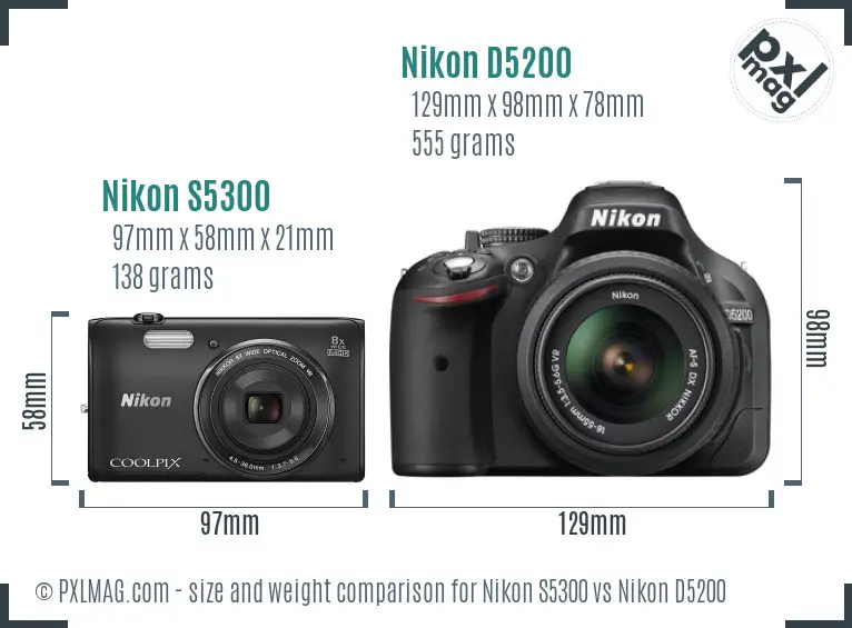 Nikon S5300 vs Nikon D5200 size comparison