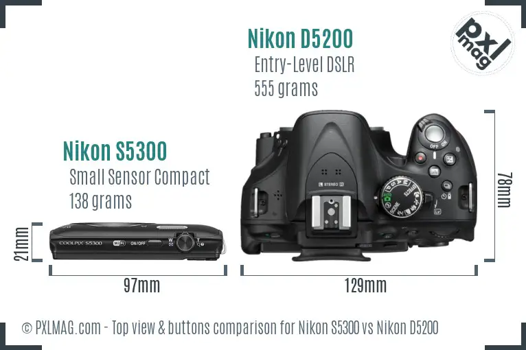 Nikon S5300 vs Nikon D5200 top view buttons comparison
