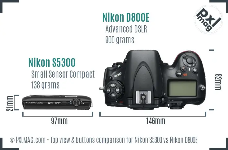 Nikon S5300 vs Nikon D800E top view buttons comparison