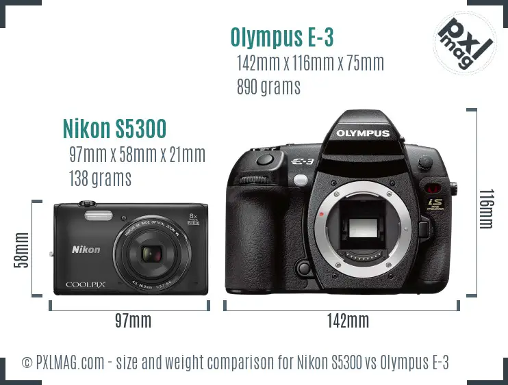 Nikon S5300 vs Olympus E-3 size comparison