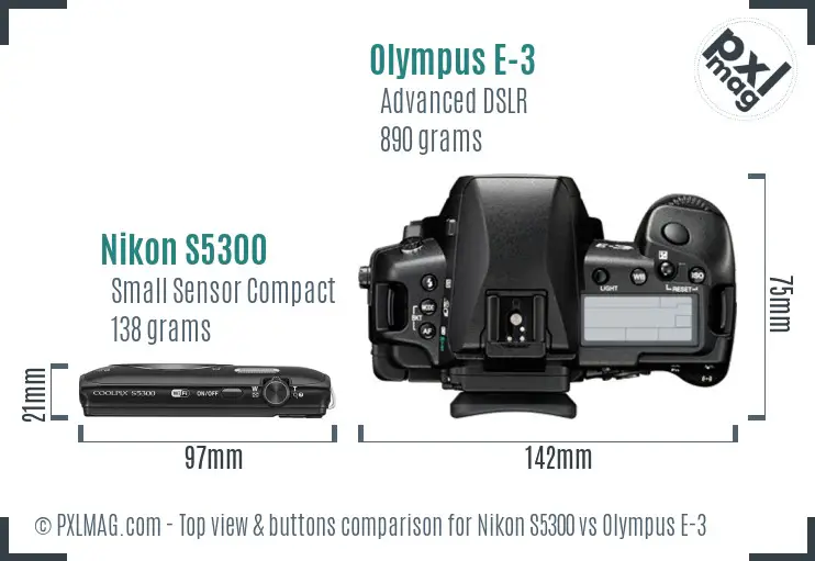 Nikon S5300 vs Olympus E-3 top view buttons comparison