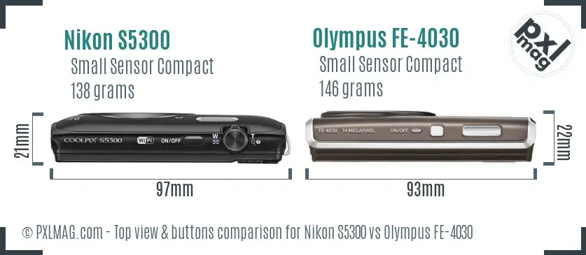 Nikon S5300 vs Olympus FE-4030 top view buttons comparison