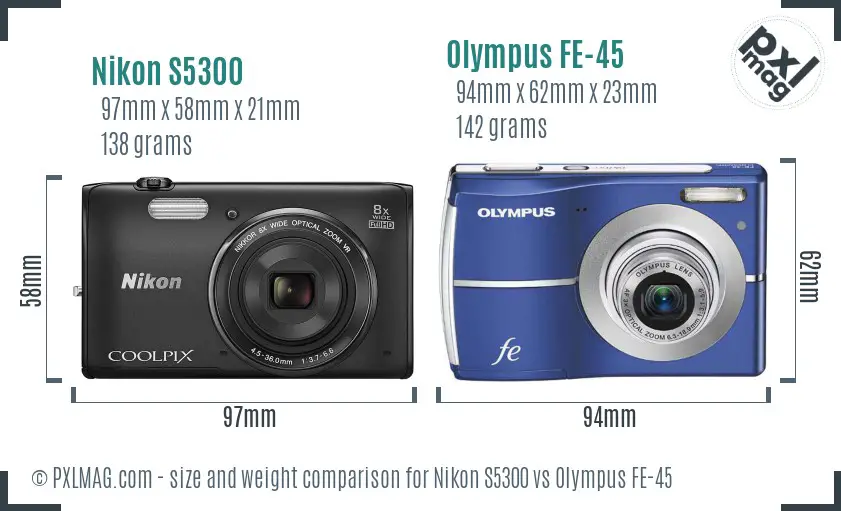 Nikon S5300 vs Olympus FE-45 size comparison