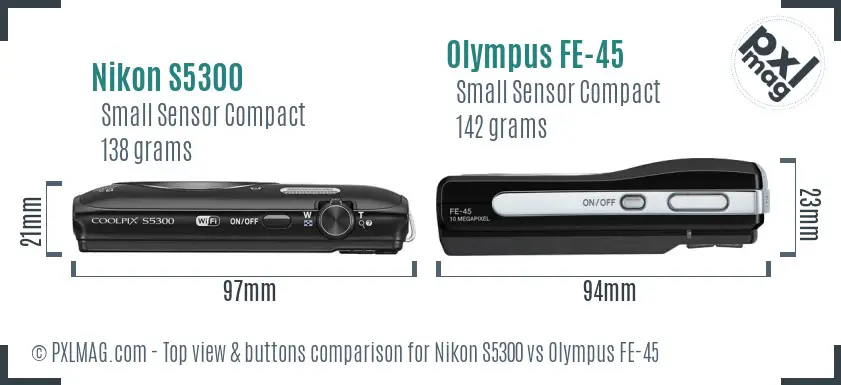 Nikon S5300 vs Olympus FE-45 top view buttons comparison