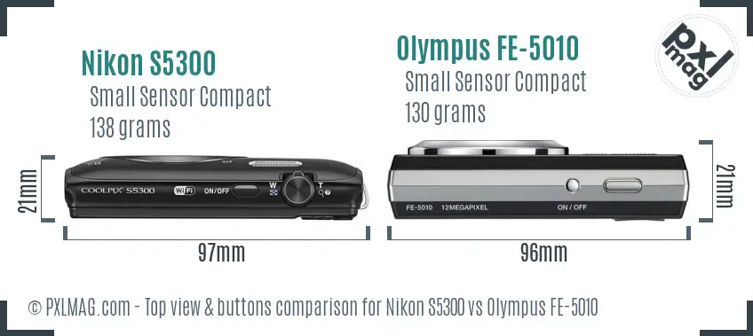 Nikon S5300 vs Olympus FE-5010 top view buttons comparison Nikon S5300 vs Olympus FE-5010 top view buttons comparison