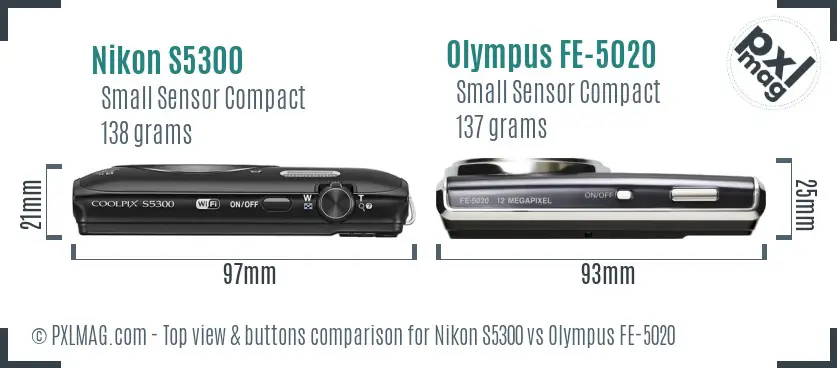 Nikon S5300 vs Olympus FE-5020 top view buttons comparison