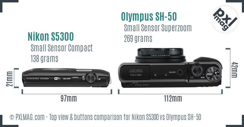 Nikon S5300 vs Olympus SH-50 top view buttons comparison