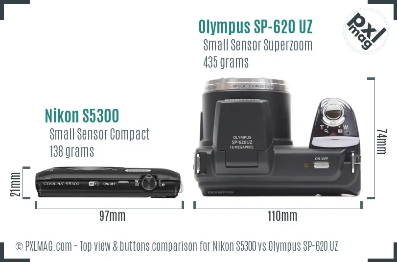 Nikon S5300 vs Olympus SP-620 UZ top view buttons comparison Nikon S5300 vs Olympus SP-620 UZ top view buttons comparison