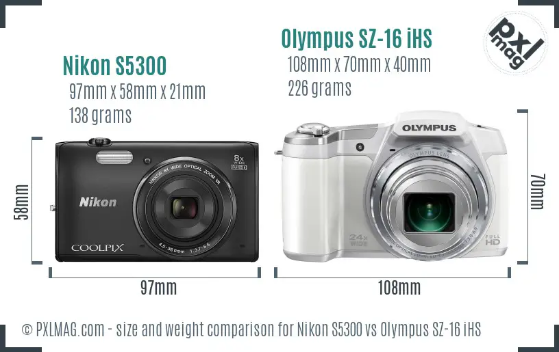 Nikon S5300 vs Olympus SZ-16 iHS size comparison Nikon S5300 vs Olympus SZ-16 iHS size comparison