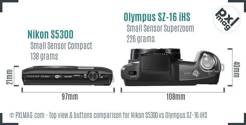 Nikon S5300 vs Olympus SZ-16 iHS top view buttons comparison Nikon S5300 vs Olympus SZ-16 iHS top view buttons comparison