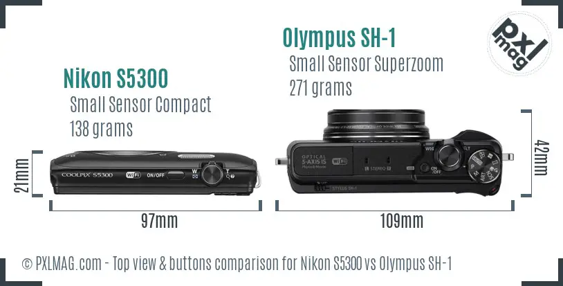 Nikon S5300 vs Olympus SH-1 top view buttons comparison