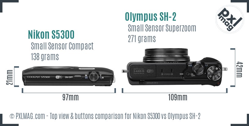 Nikon S5300 vs Olympus SH-2 top view buttons comparison